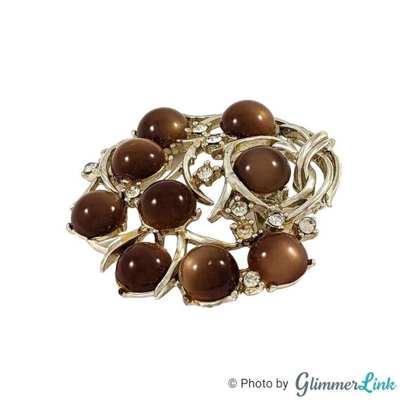 Vintage Coro Brown Lucite Moonstone Cabochons Rhinestones Gold Tone Brooch - Picture 4 of 9